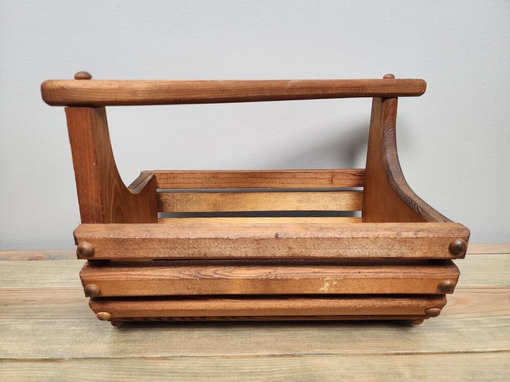 Vintage Wood Basket With Slots & Diagonal Handle Handcrafted 12"x9"